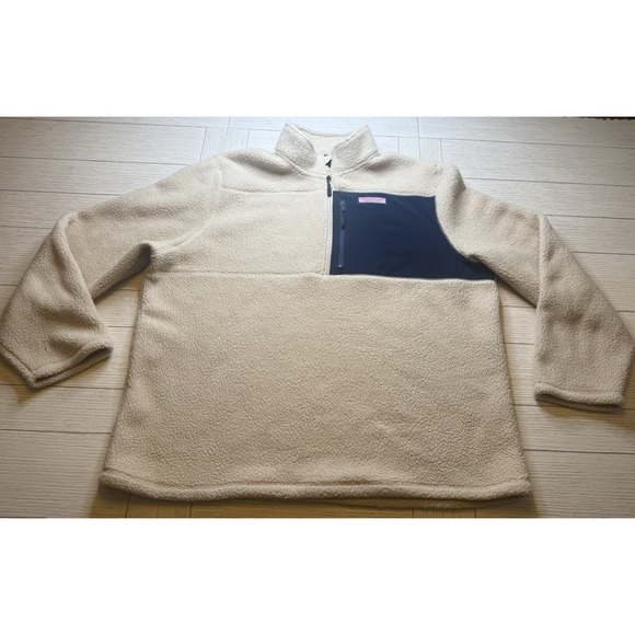 Vineyard Vines Deep Pill Sherpa Pullover Jacket Cream & Navy Quarter Zip Sz 2XL - Picture 1 of 9
